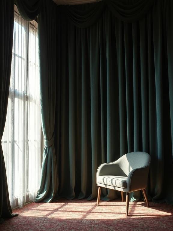 Luxury velvet curtains installed in a Dubai villa living room — deep navy floor-to-ceiling drapes with blackout lining