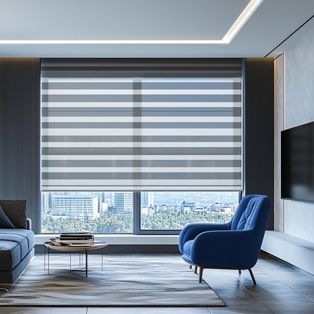 Zebra blinds in a Dubai apartment — alternating transparent and opaque bands day night blind
