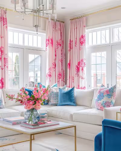 Vibrant floral curtains adding character to a Dubai study