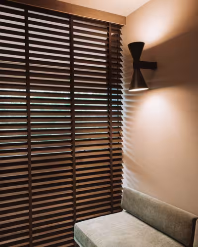 Wooden blinds in a Dubai bedroom — Marupa Wheat finish venetian blinds