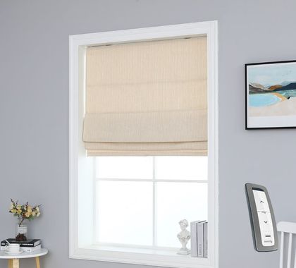 Motorized roman blinds Dubai — automated fabric fold blind in luxury villa living room