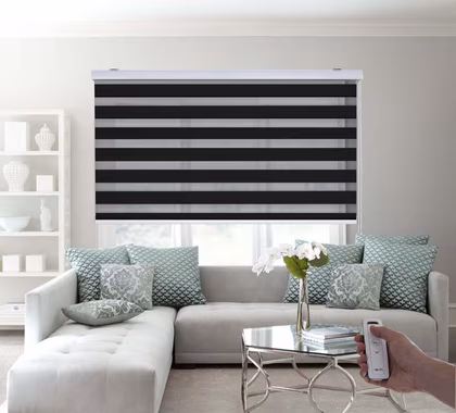 Motorized zebra blinds Dubai — automated dual layer sheer blackout alternating bands